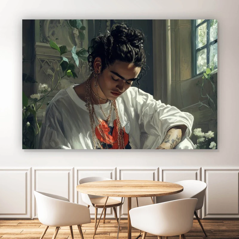 Aluminiumbild gebürstet Nachdenkliche Frida umgeben von Blüten und Blumen Querformat
