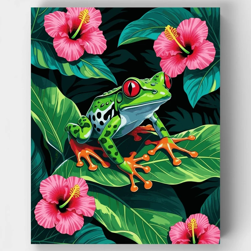 Red-Eyed Tree Frog in Tropical Hibiscus - Paint by Numbers Kit