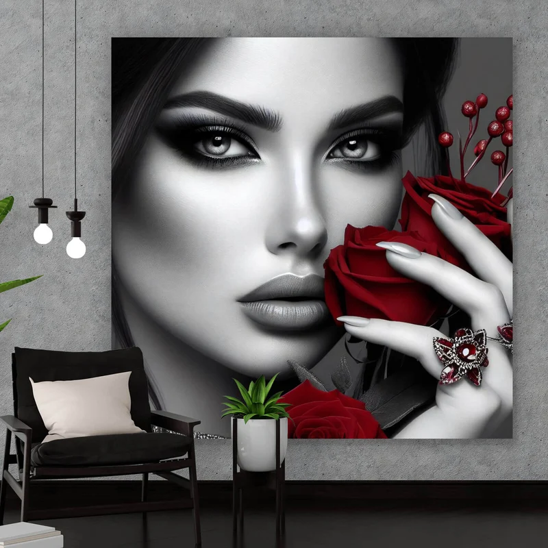 Poster Elegante Frau mit Rosen und Schmuck No. 2 Quadrat