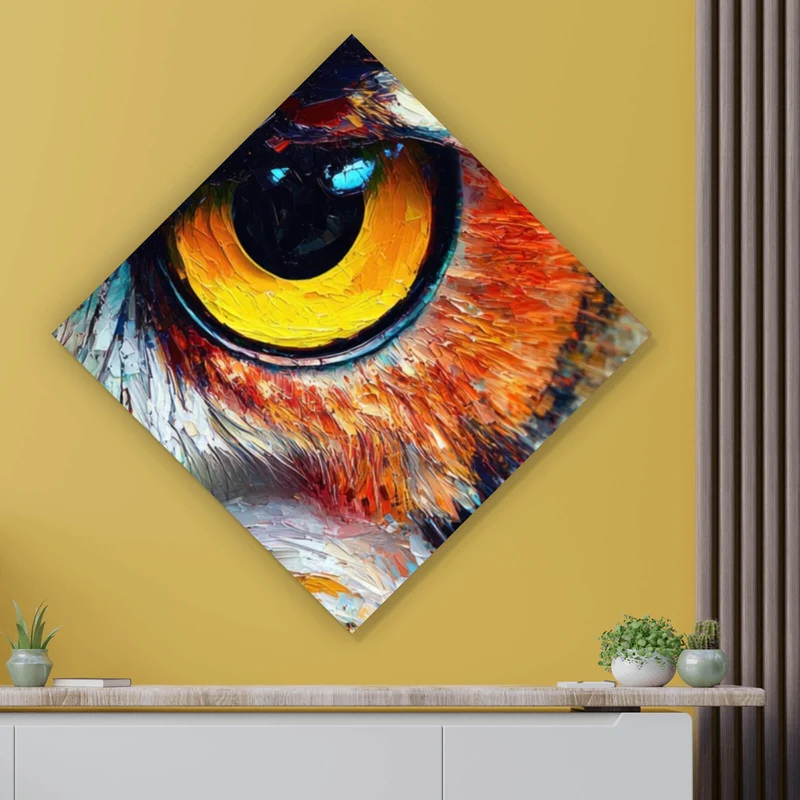 Acrylglasbild Faszinierendes buntes Eulen Porträt Raute