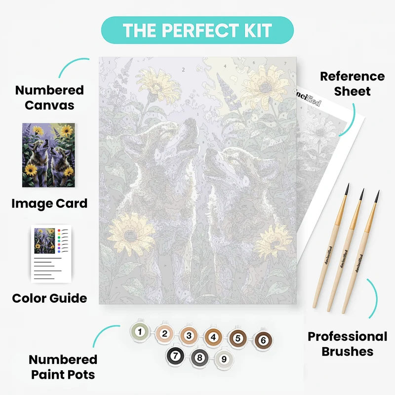 Wolf Pups in Sunflower Garden - Paint by Numbers Kit