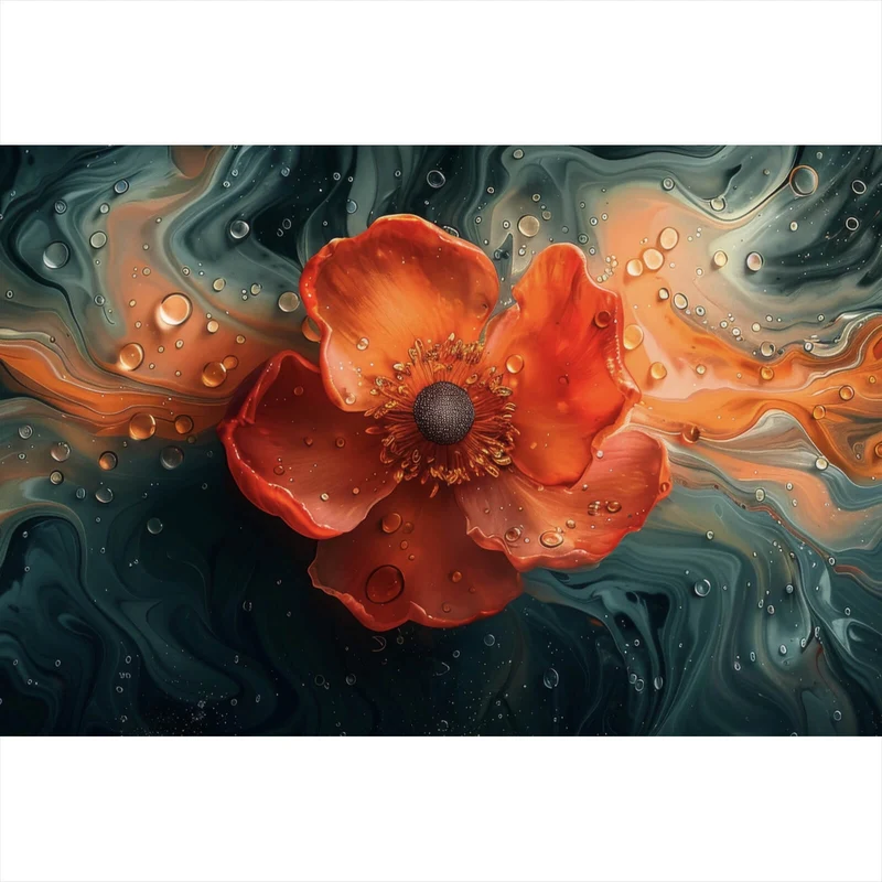 Aluminiumbild gebürstet Beeindruckendes Fluid Art mit Blume Querformat