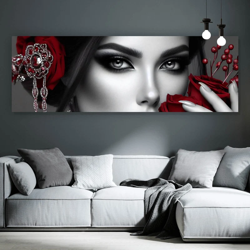 Acrylglasbild Elegante Frau mit Rosen und Schmuck No. 2 Panorama