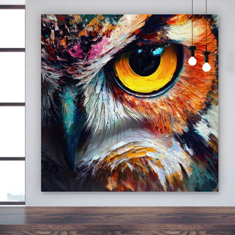 Acrylglasbild Faszinierendes buntes Eulen Porträt Quadrat