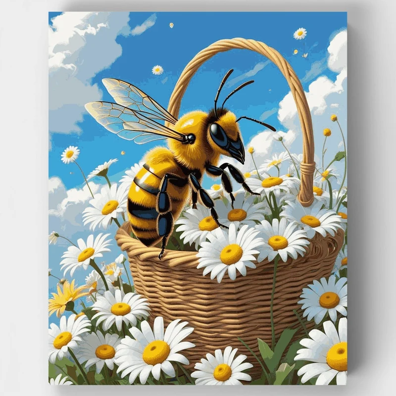 Cheerful Bee with Daisies Basket - Paint by Numbers Kit