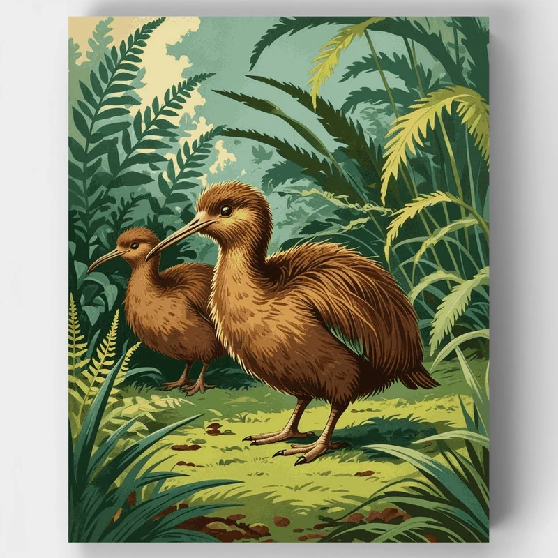 Kiwi Bird Pair in Fern Jungle - Paint by Numbers Kit