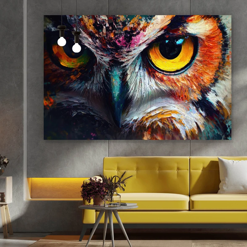 Acrylglasbild Faszinierendes buntes Eulen Porträt Querformat