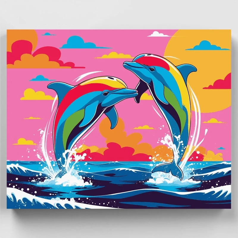 Vibrant Dolphins Leaping Through Sunset Waves - Paint by Numbers Kit