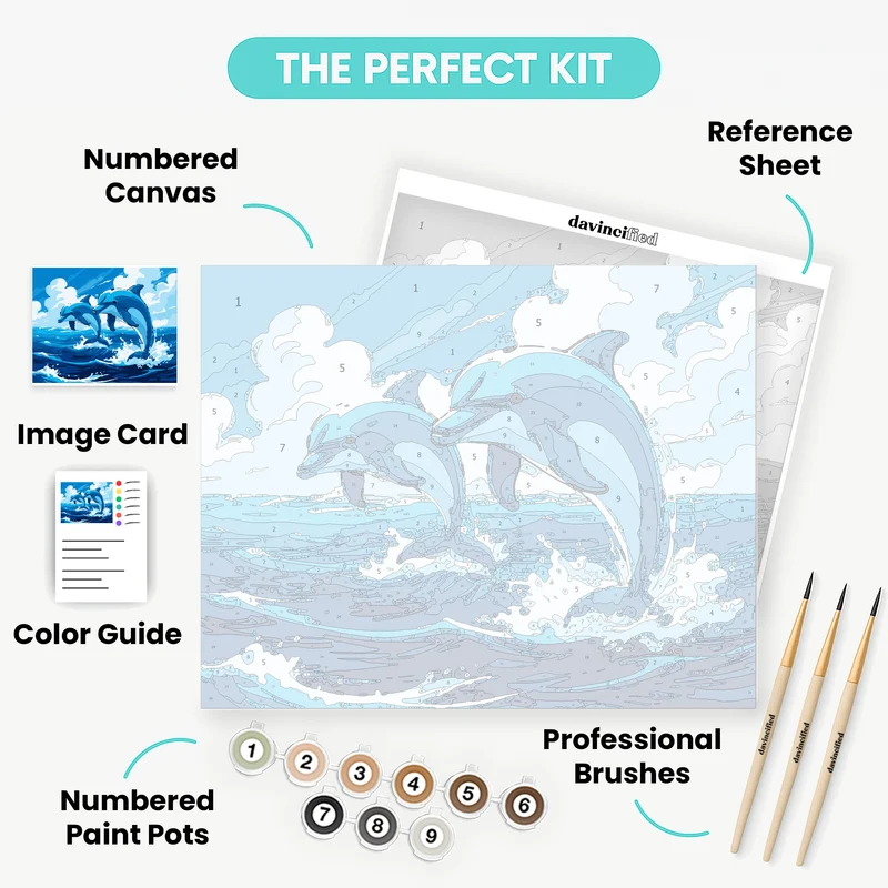 Playful Dolphins Leaping Through Ocean Waves - Paint by Numbers Kit