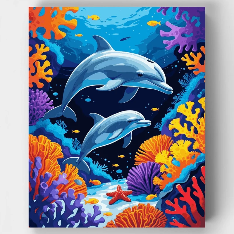Vibrant Dolphins in Coral Paradise - Paint by Numbers Kit