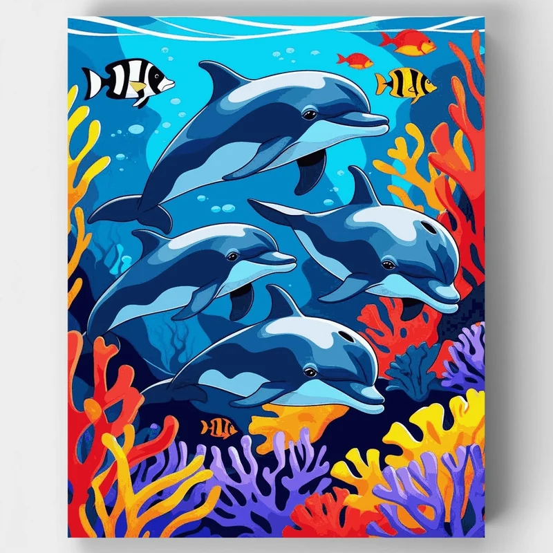 Dolphins Swimming in Coral Reef - Paint by Numbers Kit
