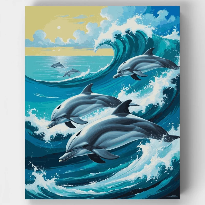 Dolphins Riding Ocean Waves - Paint by Numbers Kit