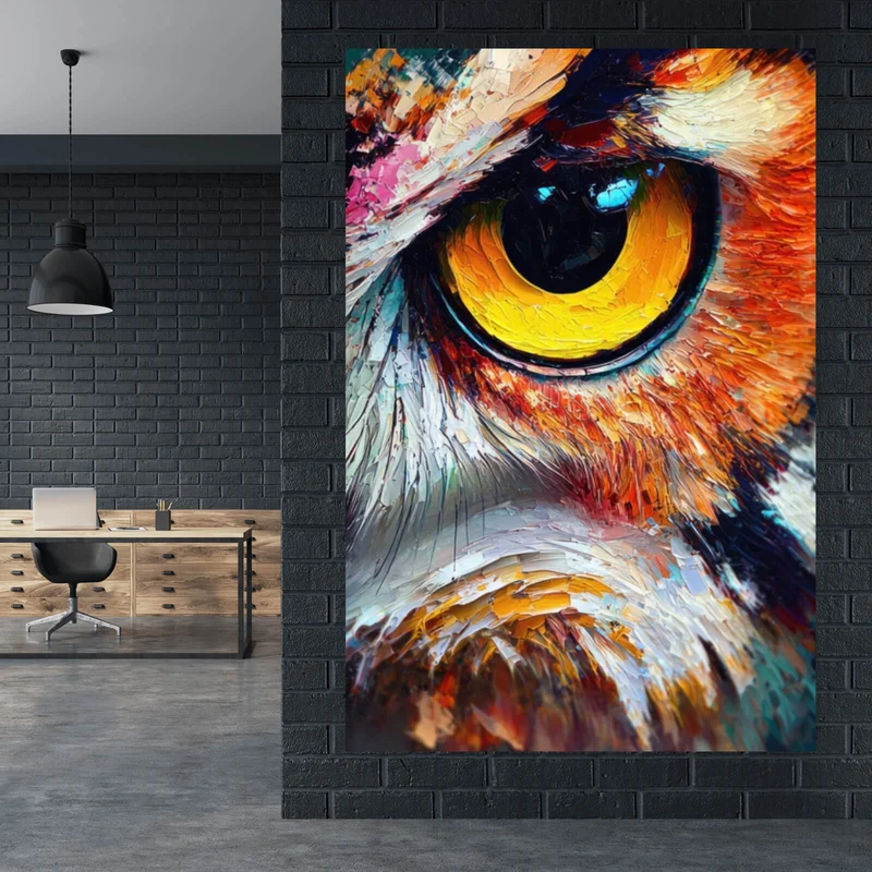 Spannrahmenbild Faszinierendes buntes Eulen Porträt Hochformat