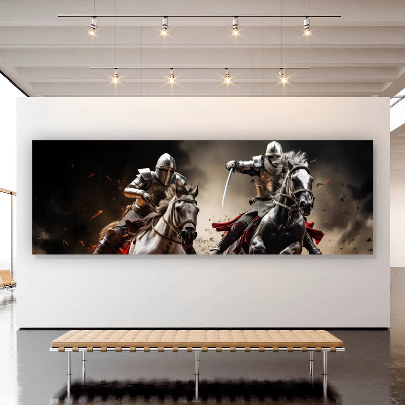 Leinwandbild Dramatische Ritter auf stürmischen Schlachtrossen Panorama