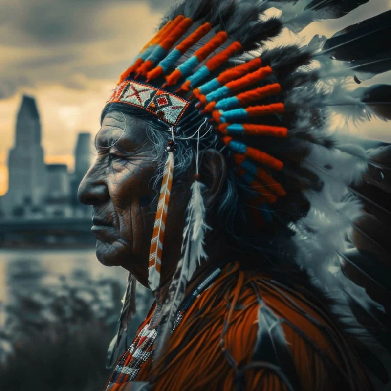 Aluminiumbild Porträt eines Indianers vor moderner Skyline Quadrat