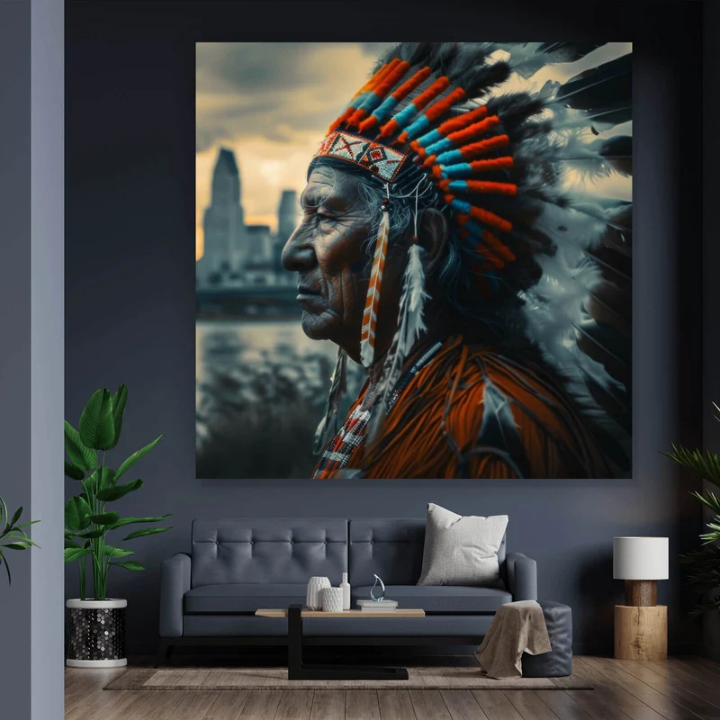 Poster Porträt eines Indianers vor moderner Skyline Quadrat