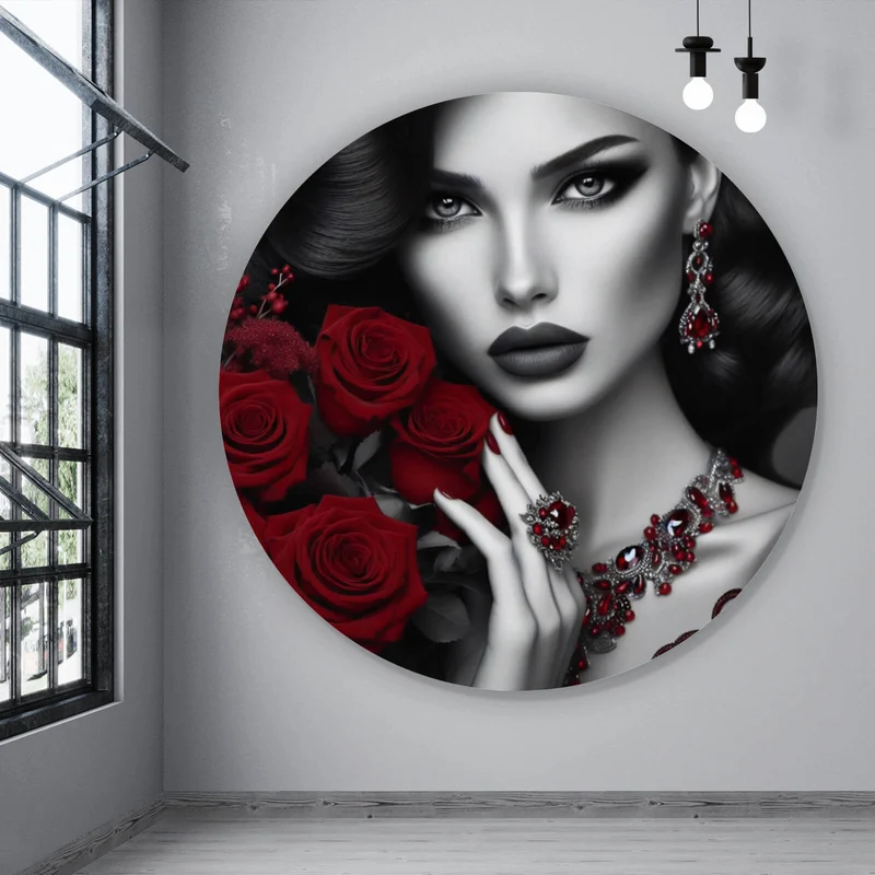 Aluminiumbild gebürstet Elegante Frau mit Rosen und Schmuck Kreis
