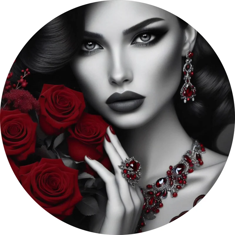 Aluminiumbild Elegante Frau mit Rosen und Schmuck Kreis