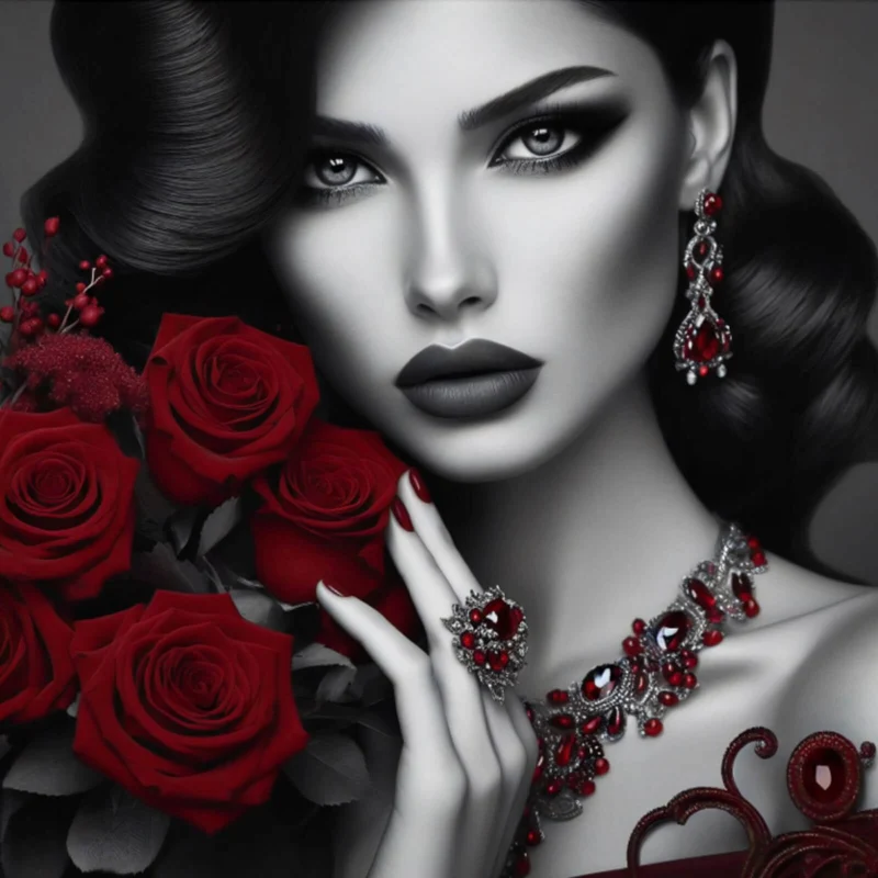 Spannrahmenbild Elegante Frau mit Rosen und Schmuck Quadrat