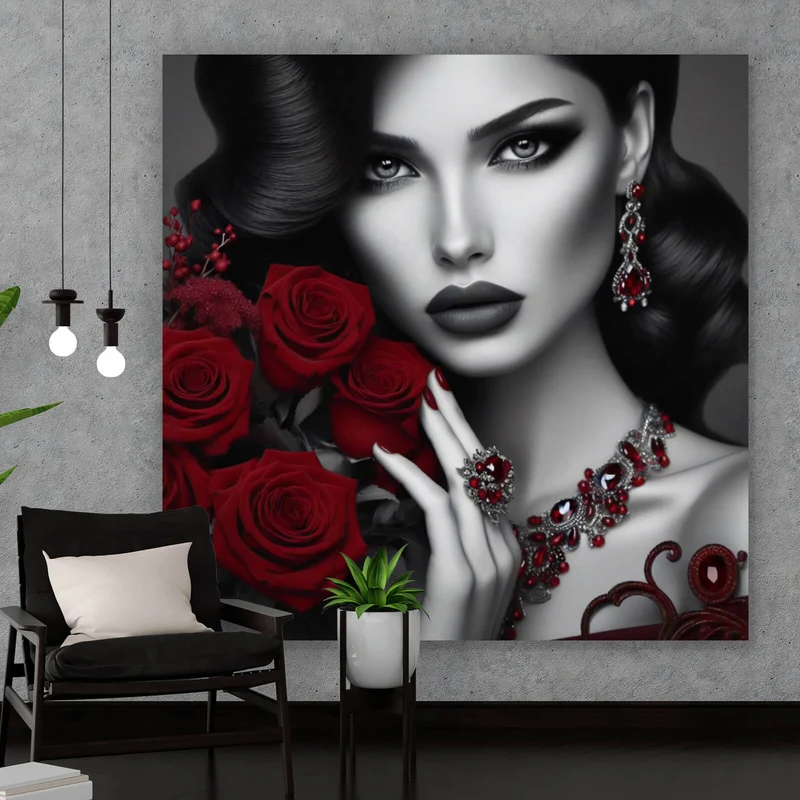 Aluminiumbild Elegante Frau mit Rosen und Schmuck Quadrat