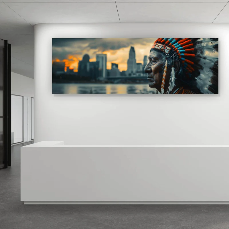 Aluminiumbild Porträt eines Indianers vor moderner Skyline Panorama