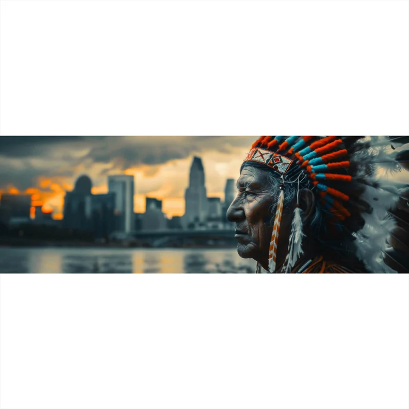 Aluminiumbild Porträt eines Indianers vor moderner Skyline Panorama