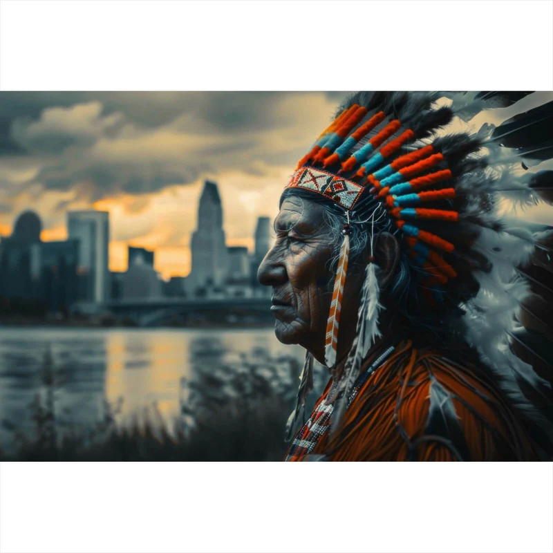 Acrylglasbild Porträt eines Indianers vor moderner Skyline Querformat