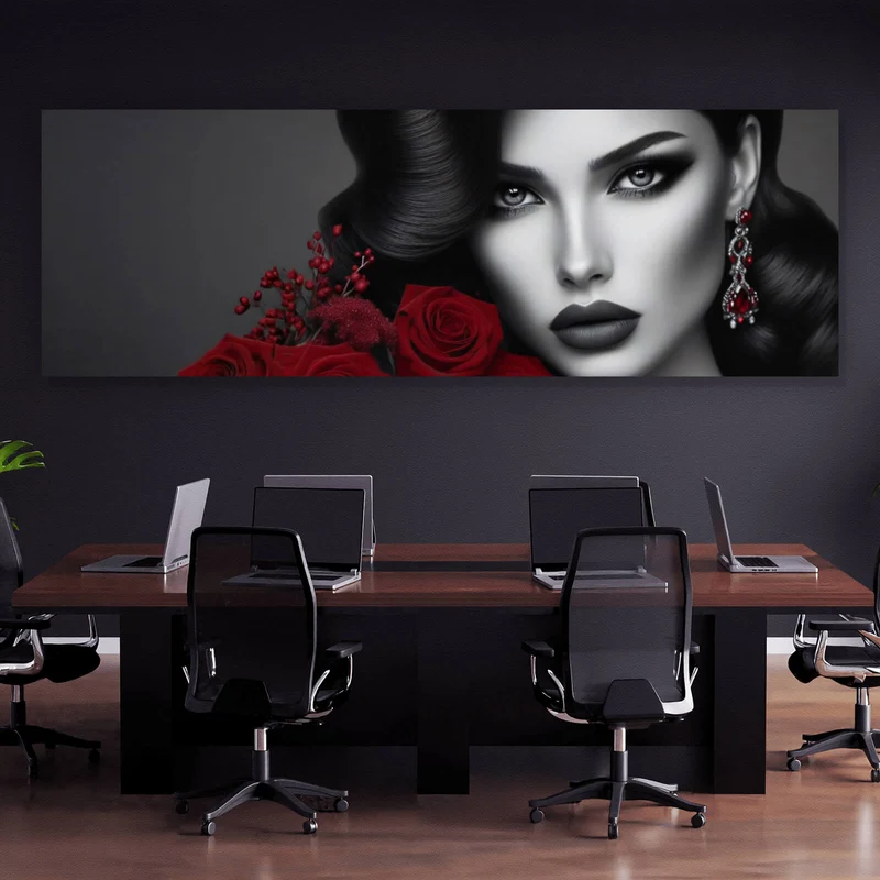 Acrylglasbild Elegante Frau mit Rosen und Schmuck Panorama