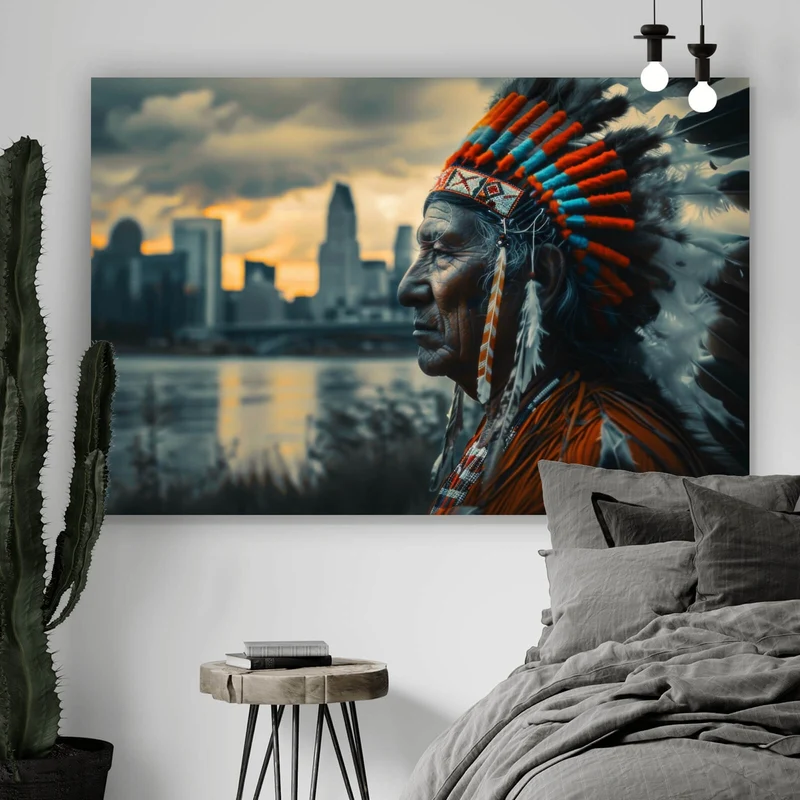 Poster Porträt eines Indianers vor moderner Skyline Querformat