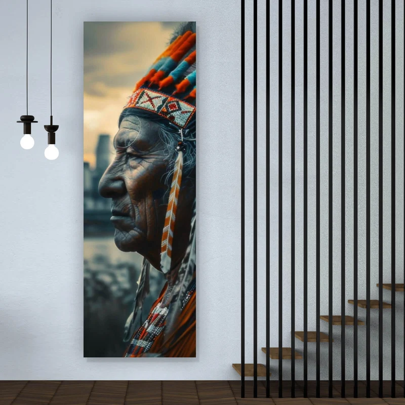 Poster Porträt eines Indianers vor moderner Skyline Panorama Hoch