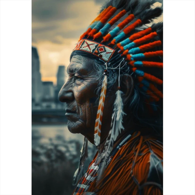 Spannrahmenbild Porträt eines Indianers vor moderner Skyline Hochformat