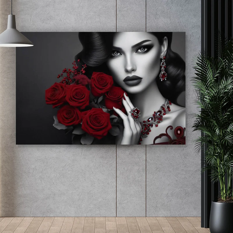 Leinwandbild Elegante Frau mit Rosen und Schmuck Querformat