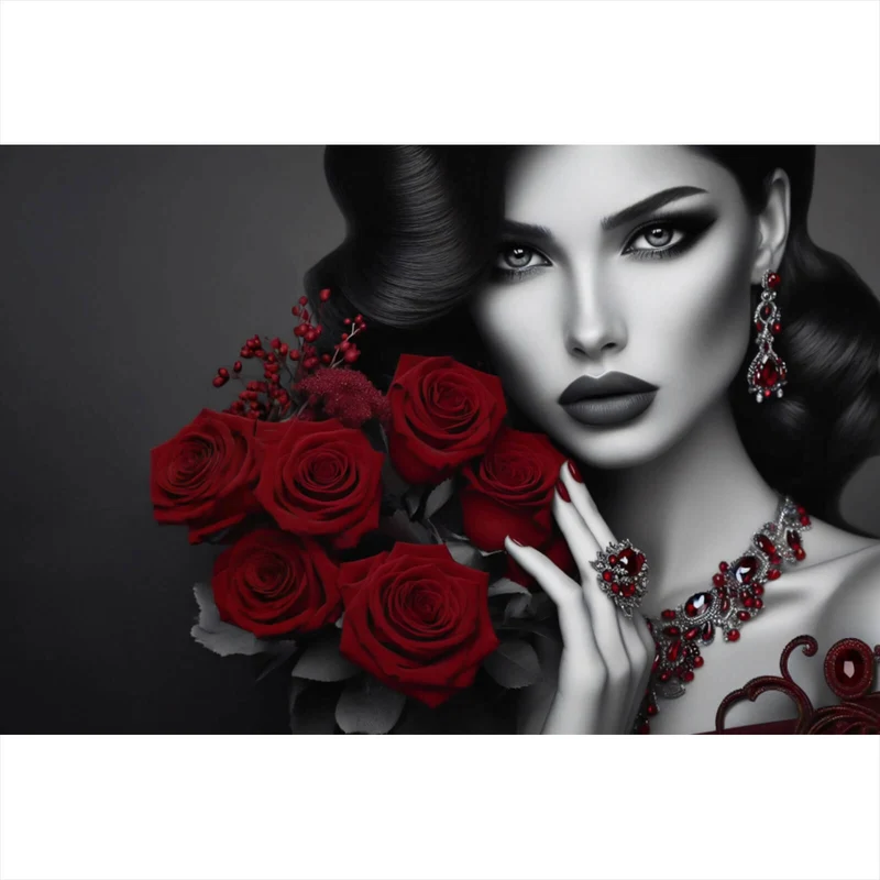 Leinwandbild Elegante Frau mit Rosen und Schmuck Querformat