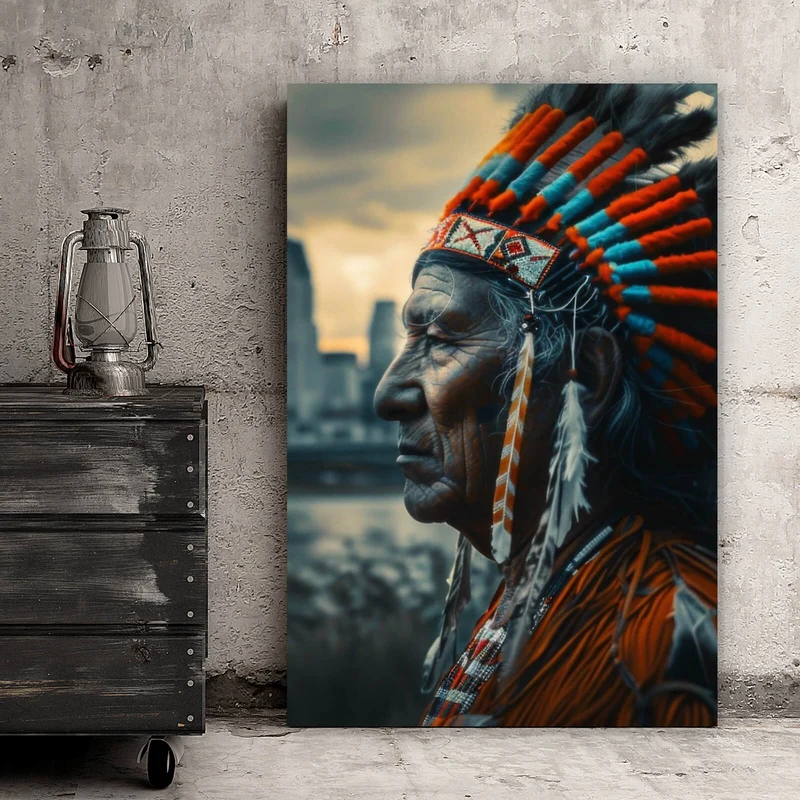 Leinwandbild Porträt eines Indianers vor moderner Skyline Hochformat