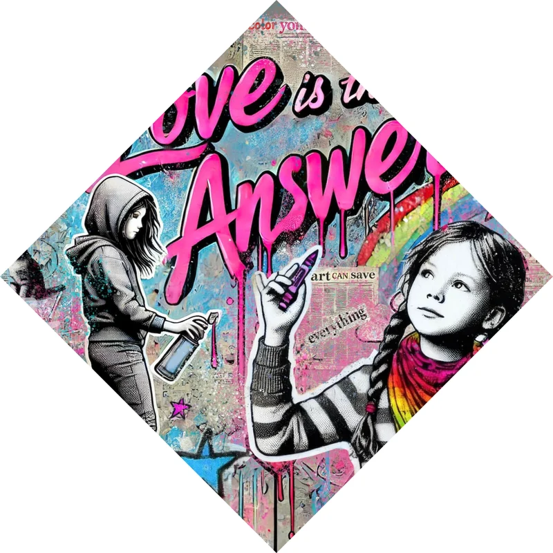 Spannrahmenbild Love is the Answer Kindergraffiti Raute