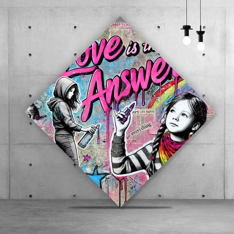 Aluminiumbild Love is the Answer Kindergraffiti Raute