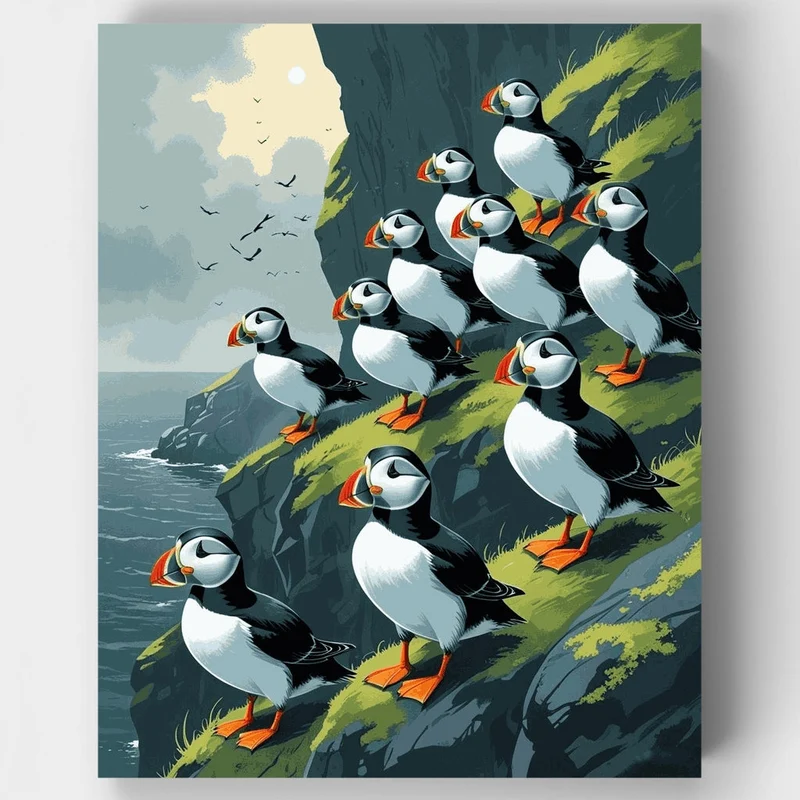 Puffin Colony on Grassy Coastal Cliff - Paint by Numbers Kit