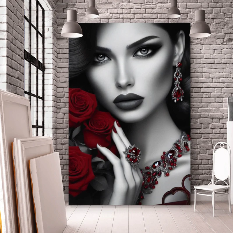 Acrylglasbild Elegante Frau mit Rosen und Schmuck Hochformat