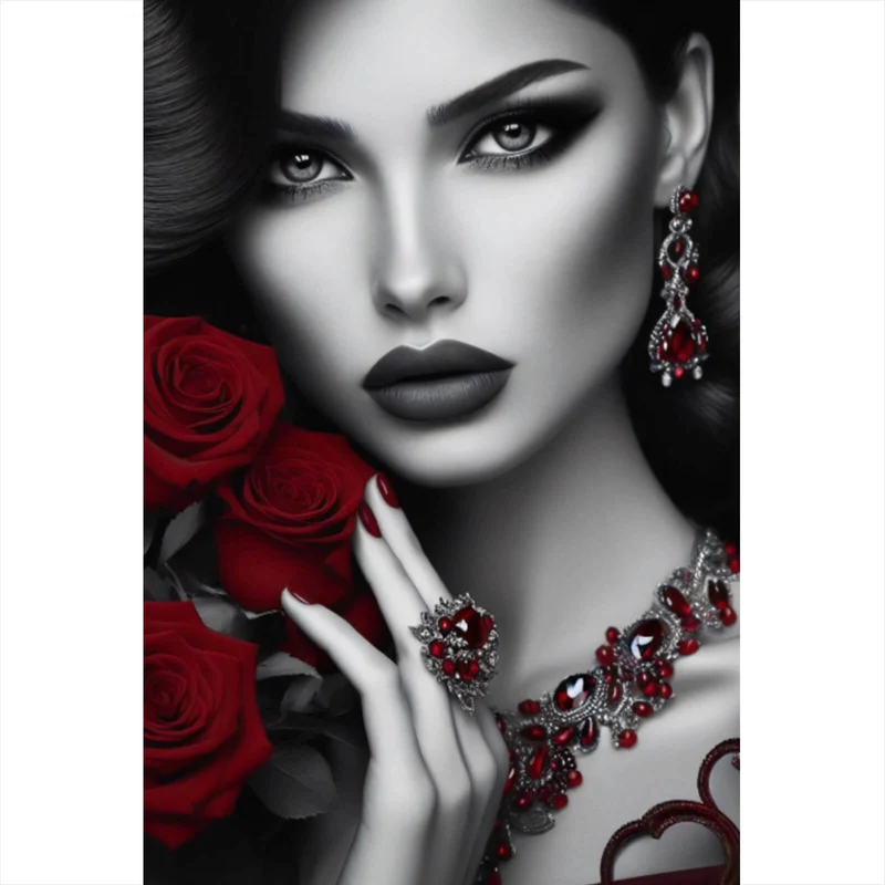 Aluminiumbild Elegante Frau mit Rosen und Schmuck Hochformat