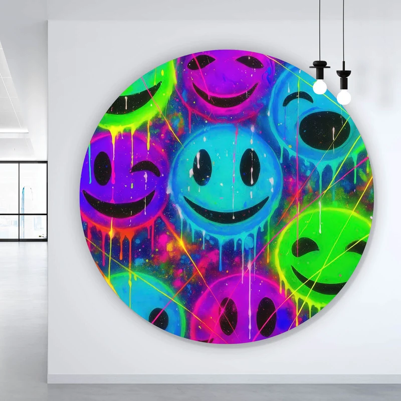 Aluminiumbild gebürstet Smileys in Neon Farben Kreis