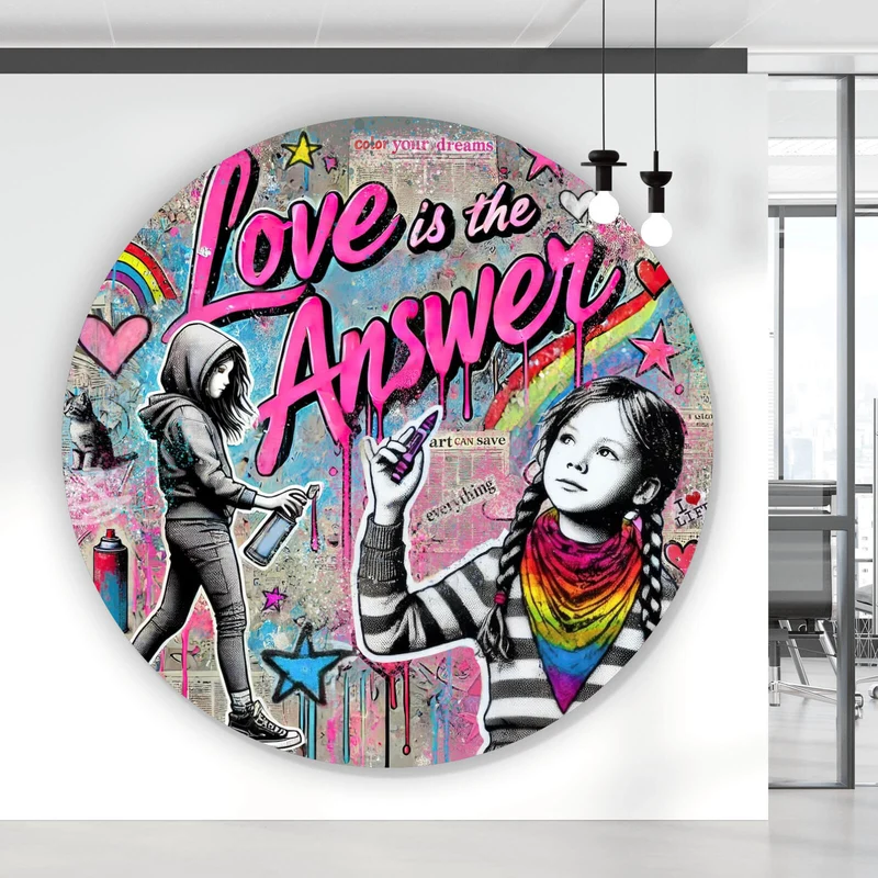 Aluminiumbild gebürstet Love is the Answer Kindergraffiti Kreis