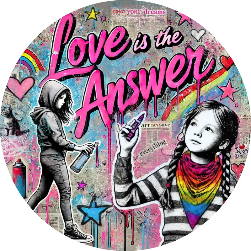 Aluminiumbild Love is the Answer Kindergraffiti Kreis