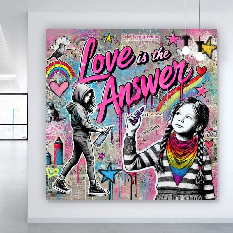 Spannrahmenbild Love is the Answer Kindergraffiti Quadrat