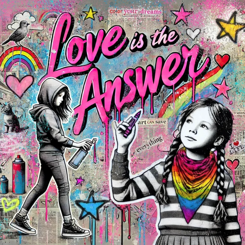 Aluminiumbild gebürstet Love is the Answer Kindergraffiti Quadrat