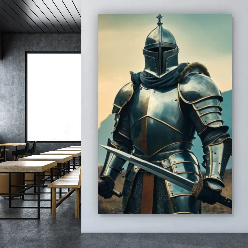 Aluminiumbild gebürstet Ritter majestätisch mit zwei Schwertern Hochformat