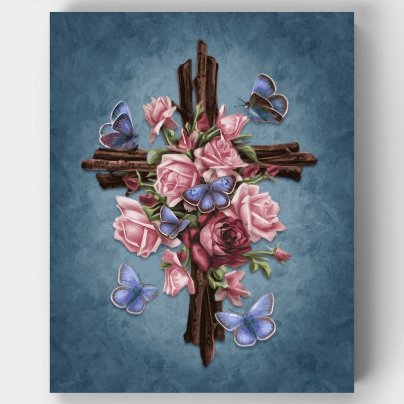 Butterfly Rose Cross with Pattern - Paint by Numbers Kit