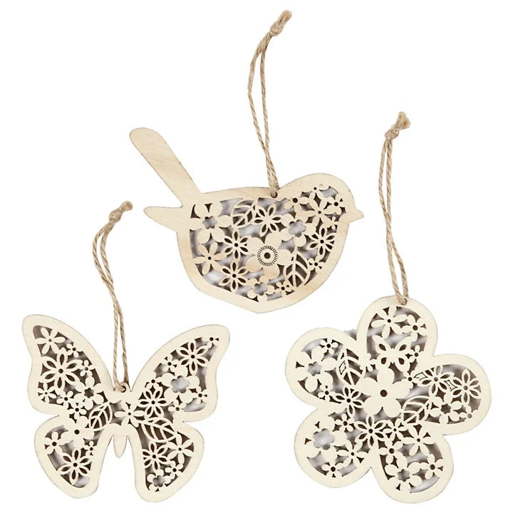 Hanging Wooden Ornaments with String - Set of 3