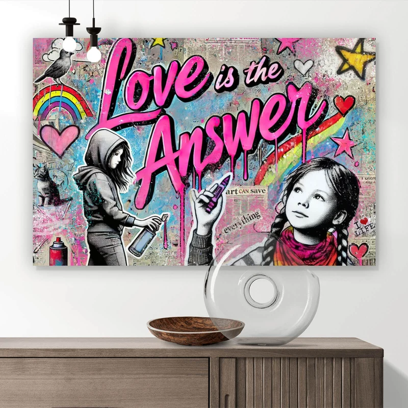 Spannrahmenbild Love is the Answer Kindergraffiti Querformat