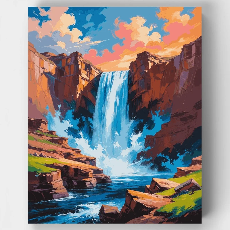 Dramatic Waterfall Canyon with Vibrant Skies - Paint by Numbers Kit