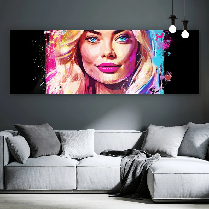 Acrylglasbild Porträt einer blonden Frau mit urbanen Graffiti Elementen Panorama